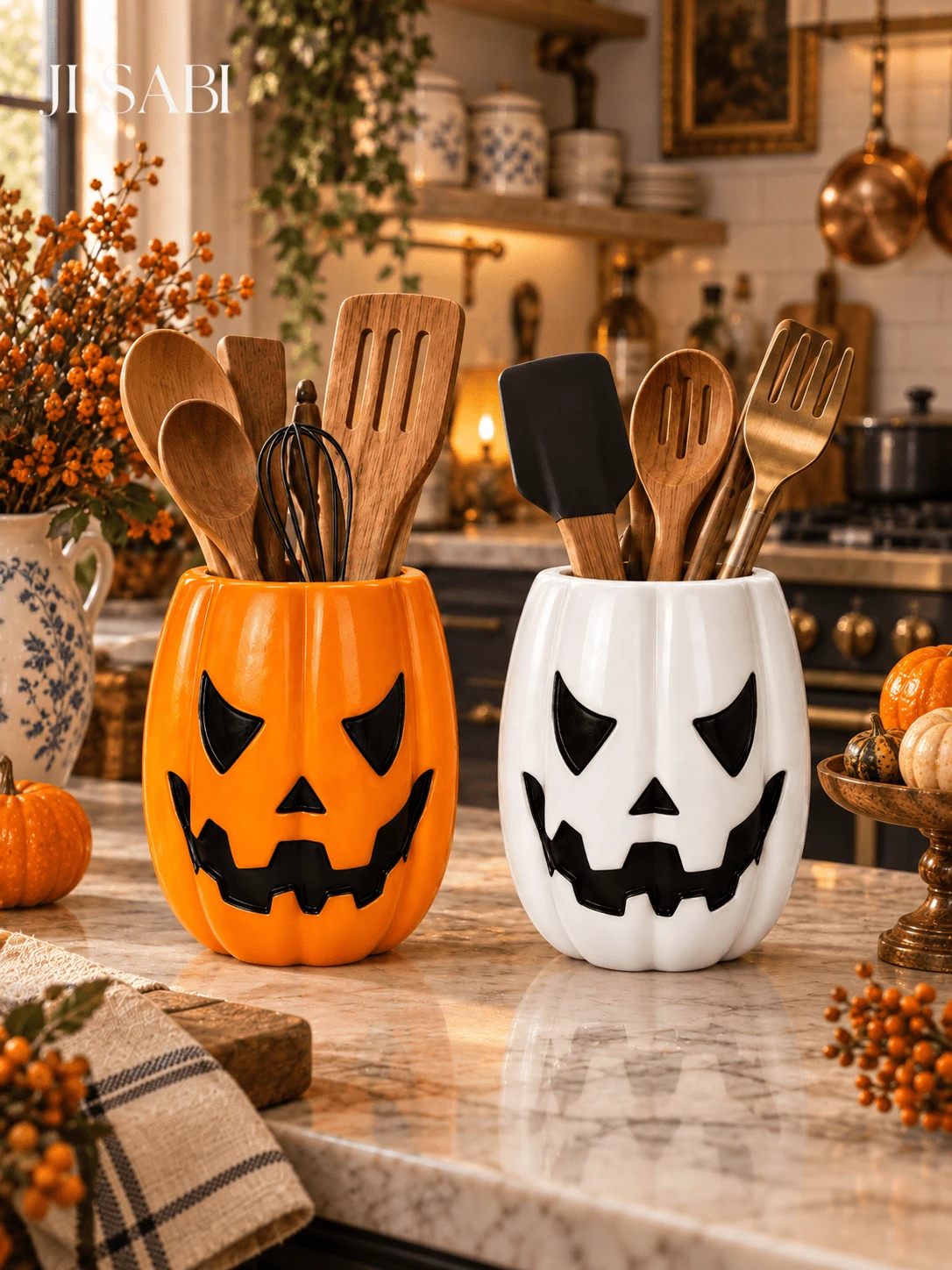 1pc/2pcs Halloween Jack-O'-Lantern Utensil Holder, Pumpkin Face Kitchen Counter Storage Crock, Orange & White 2 Colors, Spooky Tabletop Cutlery Container, Fall Harvest Kitchen Home Decor, Utensils Not Included - Pumpkin Storage - View 1