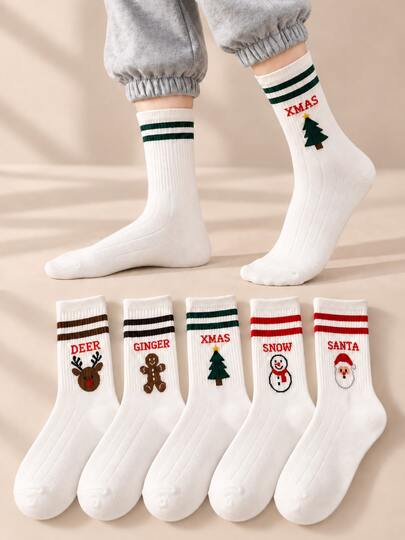 5 Pasang Kaos Kaki Natal Wanita Ujung Bulat, Kaos Kaki Rajut Bergaris Putih dengan Motif Rusa Kutub, Manusia Kue Jahe, Pohon Natal, Manusia Salju, dan Santa Claus, Kaos Kaki Musim Dingin yang Lucu untuk Liburan, Cocok untuk Pesta Natal dan Sebagai Hadiah
