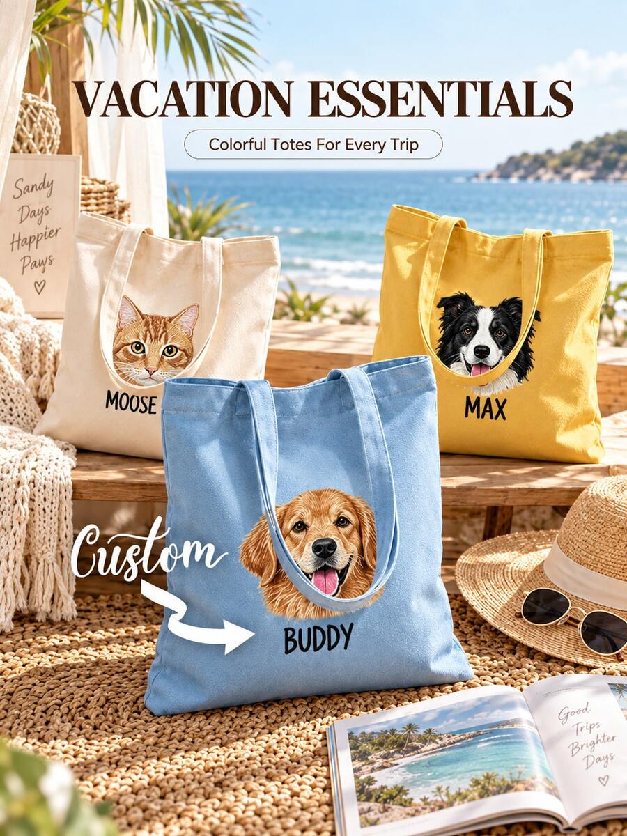 Personalized Pet Photo And Name Tote Bag, Large Capacity Shoulder Bag, Customizable Foldable Personalized Tote Bag Featured With Name Logo Text, Available In Various Colors,Solid Color Large Capacity Shoulder Bag,Suitable For Work, Travel And School,Suitable For Holidays.Ideal Gift For Birthday, Anniversary And Valentine's Day. - Multicolor - View 1