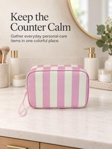 Cute Casual Striped Women's Makeup Bag, A Fashionable Striped Toiletry Bag With Braided Rope Zipper Design Storage Bag, Lightweight And Portable Opening And Closing, Easy To Store; Available In Multiple Colors, Convenient For Travel And Daily Use - Multicolor - View 9