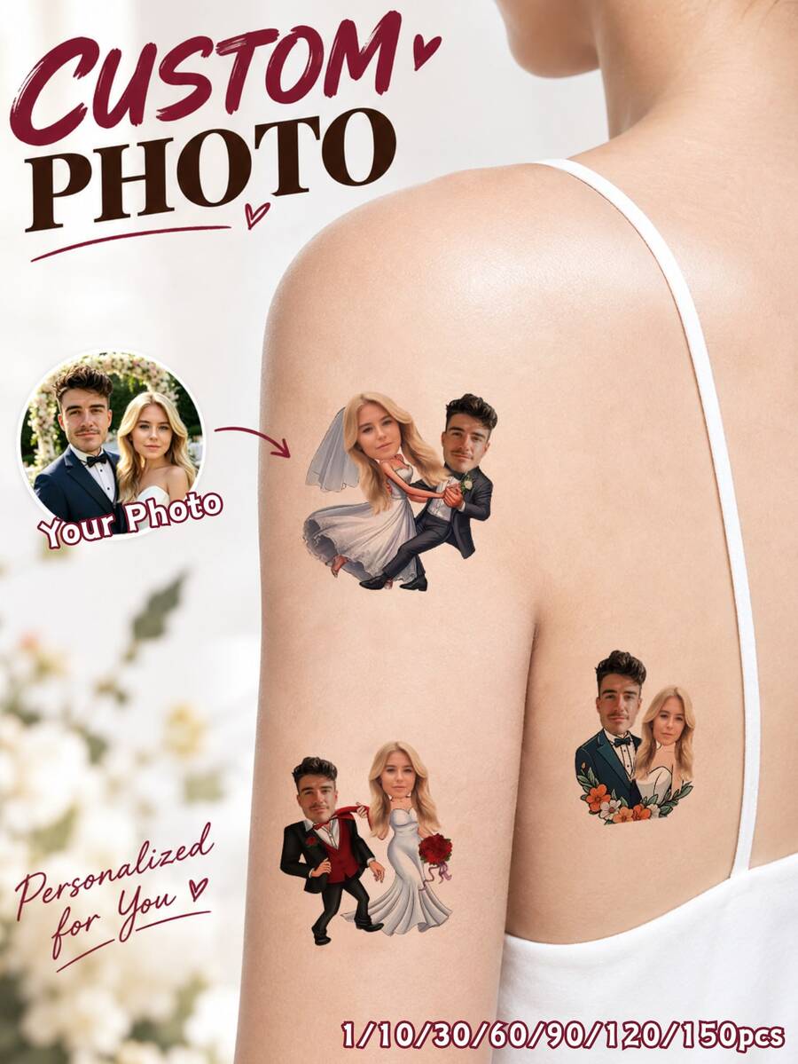 1/10/30/60/90/120/150入 定製婚禮派對臨時紋身貼紙 情侶臉部紋身 新娘婚前派對伴手禮 單身女郎派對 Until Death Do Us Part 情人節聖誕節感恩節新年 定製照片紋身