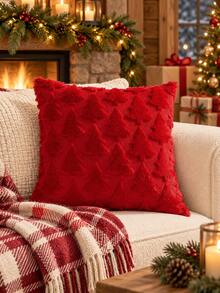 2pcs Red Christmas Tree 3D Plush Pillow Covers, Soft Knitted Texture Square Cushion Covers, Winter Holiday Sofa Bedroom Home Decor, Pillow Insert Not Included - Red - View 6