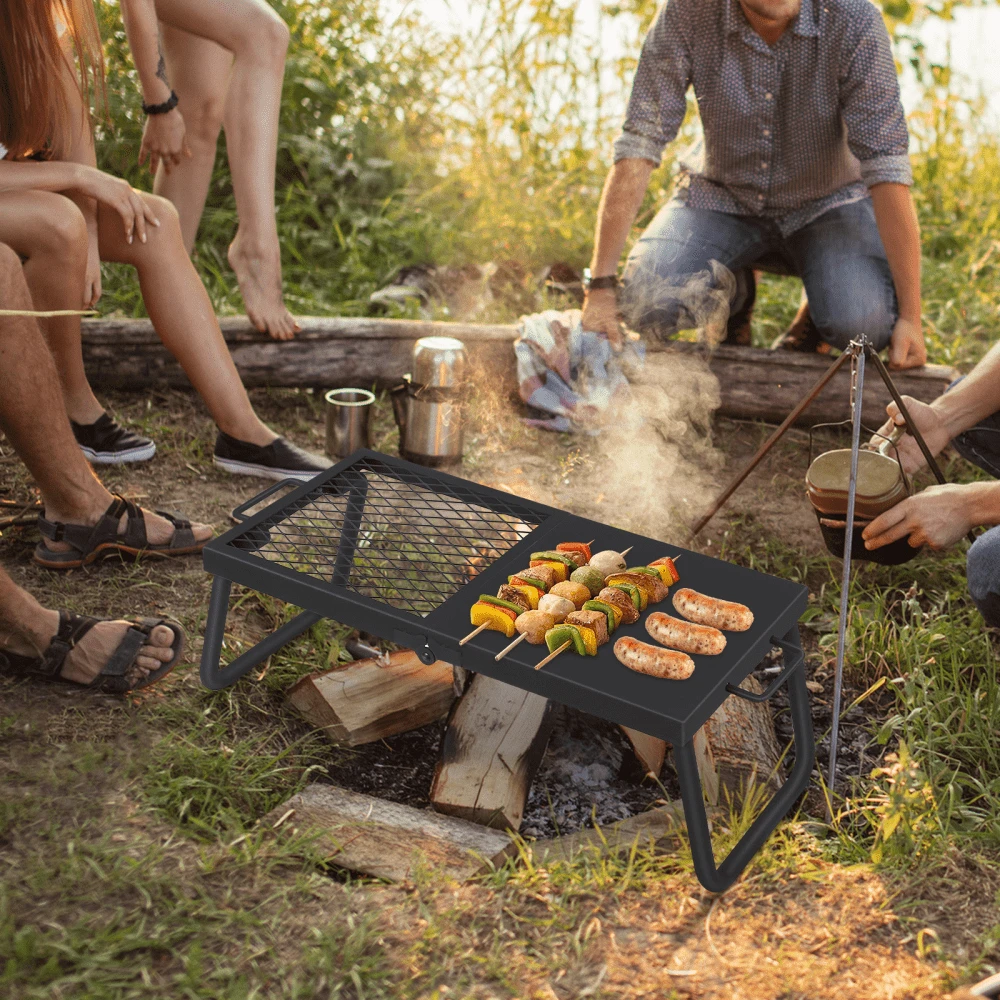 Wanfeeso Heavy Duty Folding Campfire Grill - Portable Outdoor BBQ Rack For Camping & Patio - Collapsible Fire Pit Cooking Grate & Rug Accessory - Carry Bag - (grill + Frying Pan) 22.4*11.2 - View 1