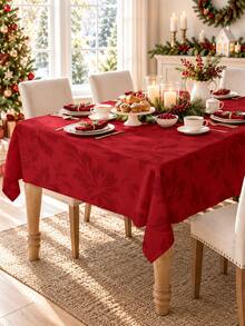 1pc Red Floral Christmas Tablecloth, Elegant Polyester Round Or Square Table Cover With Tonal Botanical Pattern, Soft Washable Dining Table Decor For Christmas Dinner, Holiday Party, Winter Home, Kitchen & Dining Room - Multicolor - View 5