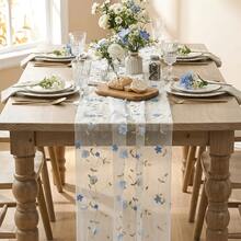 Blue 3D Flower Gauze Embroidery Table Runner 120 Inch 10FT, Tulle Seasonal Spring Kitchen Dining Holiday Table Decor For Home Party - Baby Blue - View 2