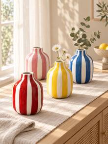 1pc Colorful Vertical Striped Decorative Vase, Dopamine Style Tabletop Vase For Dried Flowers, Home Living Room Desk Ornament - Striped Small Round Bottle - View 3