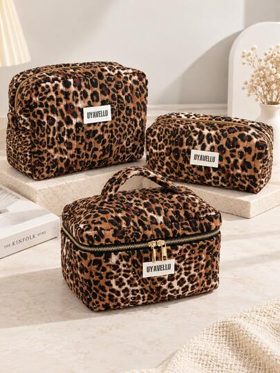 1pc/3pcs High End Large Capacity Makeup Bag, Sequined Leopard Print Holiday Travel Bag, Zipper Portable Storage Bag, Women's Versatile Handbag Handbag, Back To School Supplies, Makeup Bag Set, Suitable For Bedrooms, Travel, Vacation, And School
