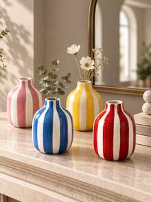 1pc Colorful Vertical Striped Decorative Vase, Dopamine Style Tabletop Vase For Dried Flowers, Home Living Room Desk Ornament - Striped Small Round Bottle - View 5