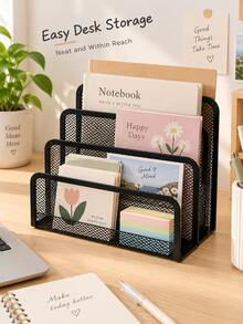 Metal Mesh 4-Compartment File Organizer Desktop Memo Storage Box Office Desk Letter Sorting Rack Student Desk Book & Document Divider Frame Office Stationery Sundries Organizer Box Back To School Dormitory Desktop Storage Essential, Hollow Mesh Breathable Design, Partitioned Storage For Memos Notebooks Files, Sturdy Iron Craft Resistant To Deformation, Universal Storage Solution For Office Home Desk - Multicolor - View 2