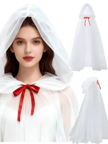 1pc Red/White Bridal Red Bow Hooded Mesh Cape, Ghost Bride Costume, Party Decoration Cloak, Cosplay, Party Outfit, Photo Prop, Christmas Party - Multicolor - View 9