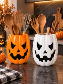 1pc Halloween Pumpkin Face Utensil Holder, 2 Colors Jack-O'-Lantern Kitchen Counter Storage Crock, Decorative Cutlery Container For Kitchen Countertop, Halloween Fall Home Decor, Utensils Not Included - Multicolor - View 15