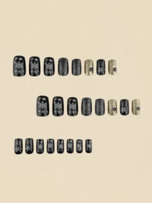24 Pieces Black Background Gold Glittering Snowflake Star Christmas Holiday Fake Nails, Medium-Long Rectangular Style Accessories - Gold - View 2