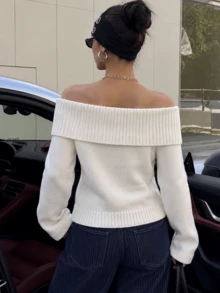 Women's Off-Shoulder Folded Long Sleeve Knit Sweater, Fitted Solid Color Pullover Top, Suitable For Dating, Party And Daily Wear - White - View 4