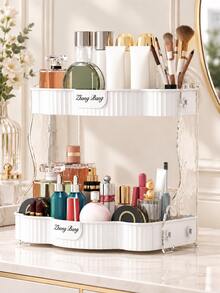 Double Layer Wavy Cosmetic Storage Rack, Light Luxury Cream Style Desktop Organizer, Large Capacity Vanity Skincare Perfume Storage Box, Can Hold Makeup Brushes Lipstick Face Cream, Bathroom Sink Cup Miscellaneous Multi-Functional Tiered Storage Tray - Multicolor - View 11