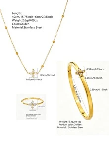 1 Set de Joyería Elegante con Diseño Floral de Acero Inoxidable para Mujer con Decoración de Vidrio Adecuado para Uso en Compromiso/Boda - Amarillo Oro - Ver 10
