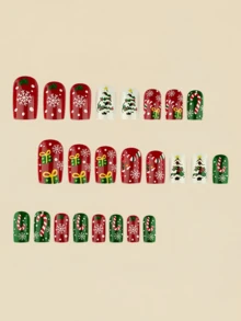 24 Pieces Red And Green Walking Stick Candies Christmas Tree Snowflake Gift Box Christmas Holiday Fake Nails Medium-Long Rectangular Wearing Nails - Multicolor - View 2