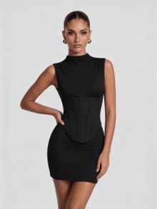 Elegant High Neck Sleeveless Corset Waist Mini Dress - Black - View 5