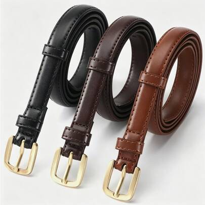 2 piezas Cinturón de mujer con hebilla de aguja, decoración para jeans, falda y pantalones, cinturón delgado de 1.8, minimalista, unicolor, casual, retro, de cuero PU, para todas las estaciones