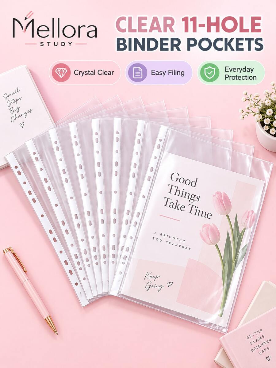 50pcs/100pcs 1pack Clear 11-Hole Binder Pockets, Transparent Plastic Sheet Protector, Loose Leaf Document Storage Pouches For A4 Paper, Office School Filing Supplies - 11-hole Transparent File Bag - View 1