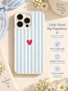 Korean Fresh Blue & White Vertical Striped Red Heart Phone Case, Minimalist Soft Texture Cream Color Frame Full Coverage Shockproof Soft Protective Shell Compatible With IPhone 18/17/16/15/14/13/12/11 Pro Max - Beige - View 2