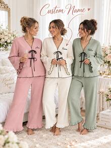 Personalized Bridesmaid Pajama Set, Custom Name Bow Tie PJs, Bridal Party Loungewear, Wedding Morning Pajamas, Bride Gift - Multicolor - View 1