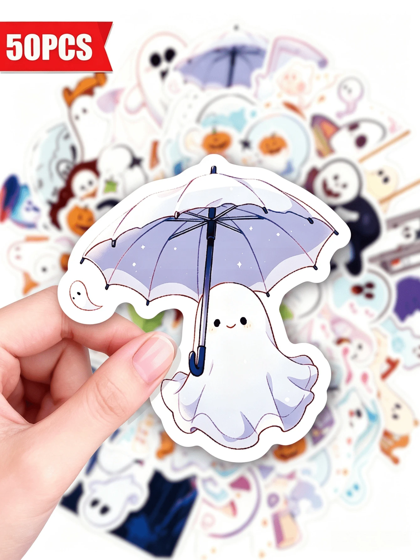 50PCS Cute Ghost PP Sticker Pack, Creative Adorable Style Ghost Pattern Decorative Stickers, Halloween Theme Decoration Stationery Stickers, Suitable For Scrapbooking, Laptop, Notebook, Diary And Personal Item Decoration, DIY Handmade Crafts - Set - View 1