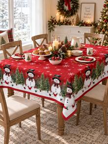 1pc Red Snowman Christmas Tablecloth, Festive Polyester Round Or Square Table Cover With Evergreen Garland, Cardinal, Pinecone & Snowflake Border, Soft Washable Holiday Dining Decor For Christmas Dinner, Winter Party, Kitchen & Home - Multicolor - View 6