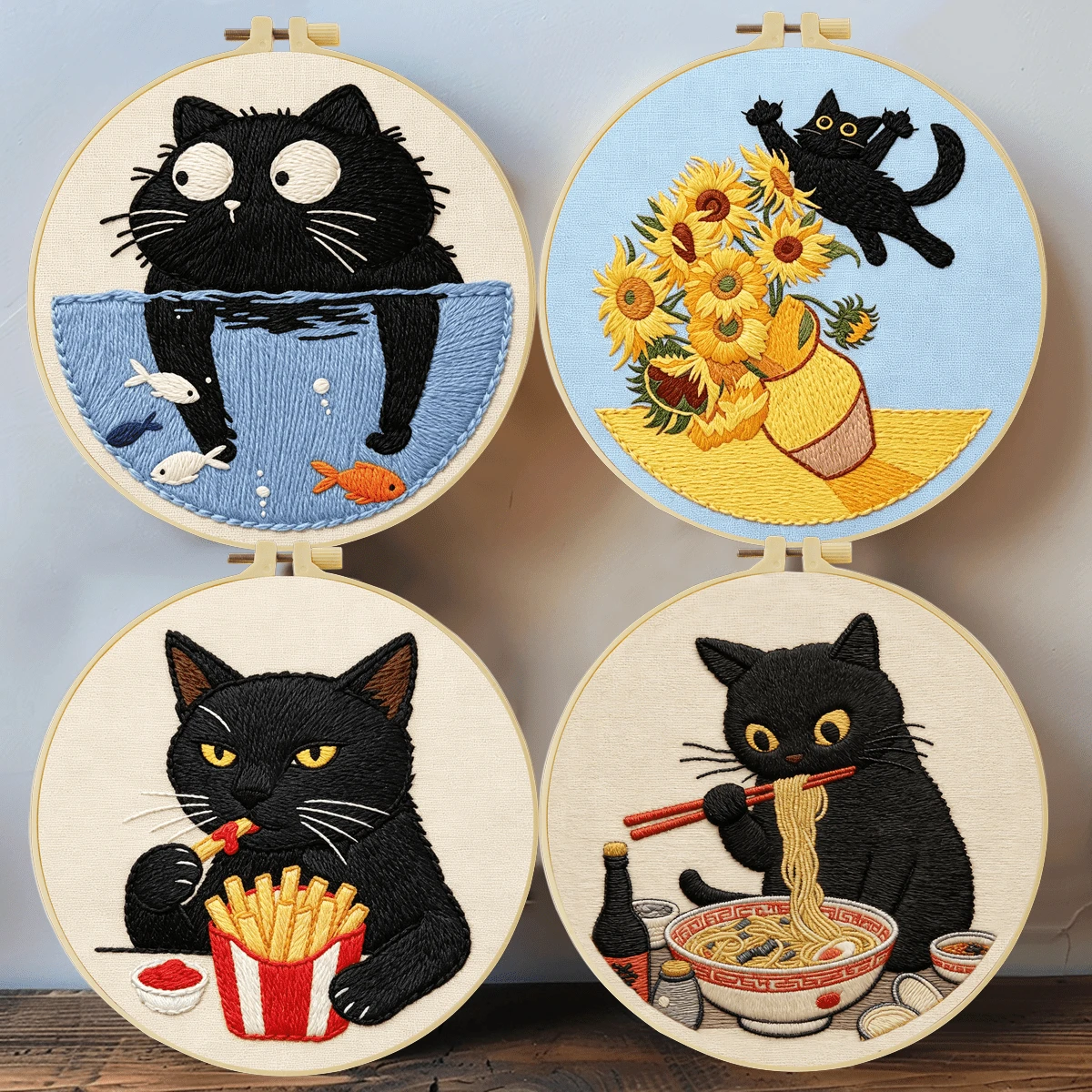 1pc 20*20cm/7.9*7.9in Naughty Black Cat Embroidery Kit, DIY Hand Embroidery Set, Suitable For Adult Beginners, Home Decor Gift, Women's Sewing Gift, Includes User Manual, Printed Pattern Fabric, Embroidery Hoop, Needle And Thread