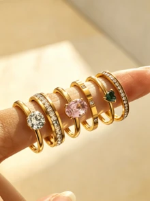 6pcs 18K Gold Plated Stainless Steel Ring Set, Stackable Rings, Clover Design, Ins Style, Waterproof Jewelry, Elegant Rings, Gemstone Rings, Gold Tone Jewelry Set, Exquisite Gift, - Gold - View 11
