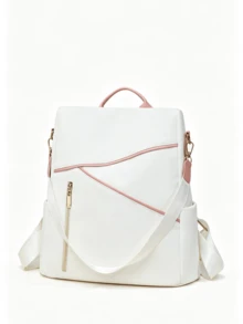 Contrast Color Line PU Backpack, Minimalist Geometric Patchwork Design, Water-Resistant, Multi-Compartment, Commuter Casual Small Backpack - Multicolor - View 10