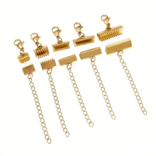 4pcs Stainless Steel Ribbon Leather Cord End Fastener Clasps With Chains Lobster Clasps Connectors For Bracelet Diy Making - Steel - View 4