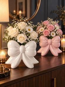 Jarrón decorativo de plástico con lazo lindo, soporte para flores estilo INS, adecuado para sala de estar, escritorio, estantería, entrada, dormitorio, adorno de decoración del hogar - Florero con lazo de pie - Ver 5