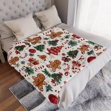 1pc Christmas Gingerbread Man Print Flannel Throw Blanket, Soft And Warm, Gingerbread Man, Candy Cane And Snow Tree Holiday Design, Suitable For Bed, Sofa, Chair, Office And Travel, Ideal Gift For Holiday Season - Multicolor - View 2