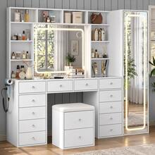 Yanosaku 70.87''Vanity Desk With Full-Length & LED Mirror, Makeup Vanity With14 Drawers, 10 Shelves, Hidden Storage, Power Outlet, Dimmable 3-Color Lighting, White Dressing Table For Bedroom - White - View 2