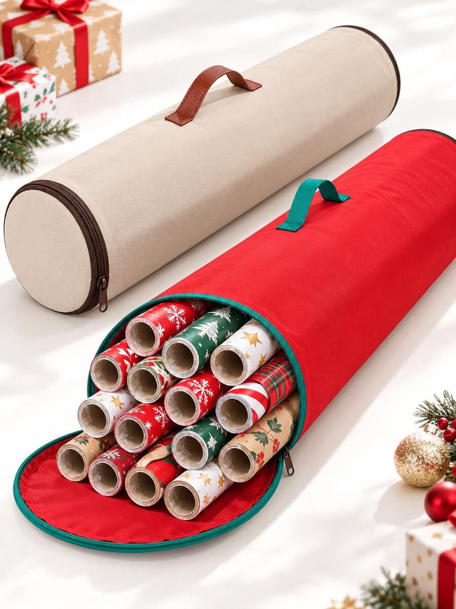 1pc Large Capacity Christmas Wrapping Paper Storage Bag, Zipper & Handle Design, Red Cylindrical Oxford Fabric Underbed Storage Box, Space-Saving Durable Holiday Gift Wrap Organizer, Suitable For Christmas Party, Home Bedroom Closet Decor Items - Red - View 1