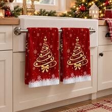2pcs Christmas Red Printed Kitchen Towels, Gold Christmas Tree Bow Snowflake Star Pattern, Red & Gold Holiday Hand Towels, Winter Kitchen Home Decor Towels, Christmas Party Holiday Decoration, Baking Cleaning Holiday Gift - Multicolor - View 1