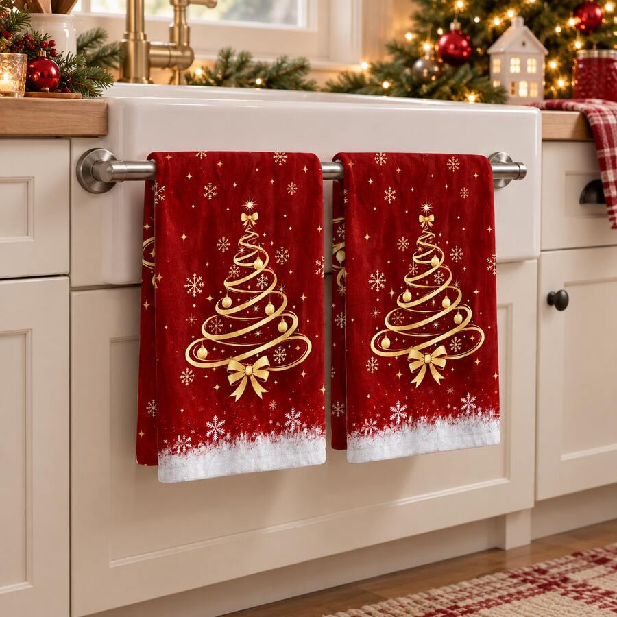 2pcs Christmas Red Printed Kitchen Towels, Gold Christmas Tree Bow Snowflake Star Pattern, Red & Gold Holiday Hand Towels, Winter Kitchen Home Decor Towels, Christmas Party Holiday Decoration, Baking Cleaning Holiday Gift - Multicolor - View 1