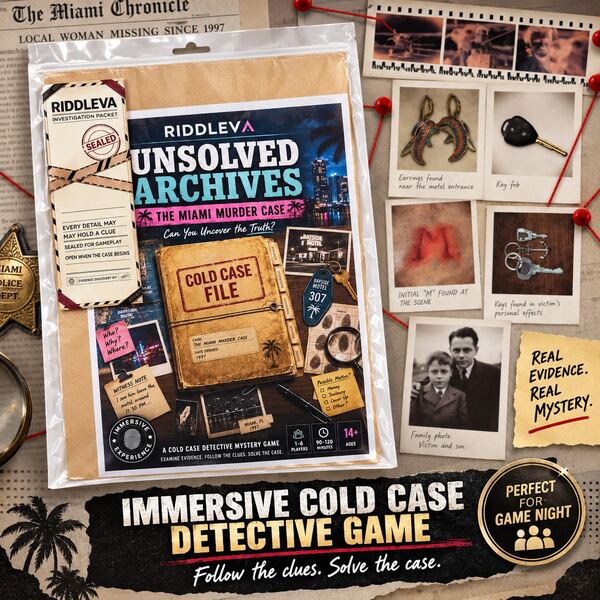 RIDDLEVA Unsolved Mystery Game - Cold Case File Investigation Detective Clues/Evidence - Solve The Crime - Suitable For Individuals, Date Night And Party Groups - Miami