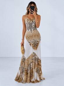 Leopard Print Elegant Dress Woman Summe Lace-Up Halter Backless Sleeveless Shape Waist Ruffles Hem Elegant Midnight - Khaki - View 1