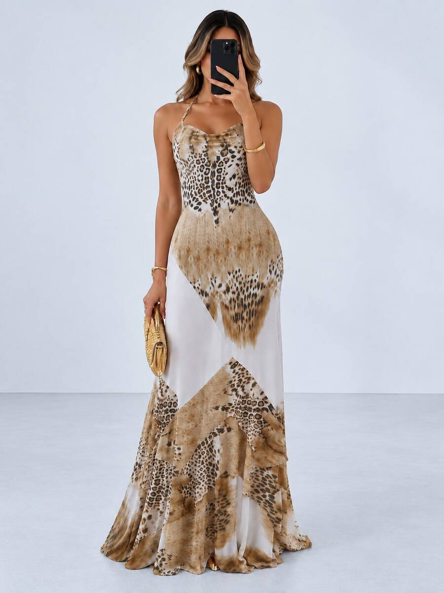 Leopard Print Elegant Dress Woman Summe Lace-Up Halter Backless Sleeveless Shape Waist Ruffles Hem Elegant Midnight - Khaki - View 1