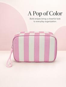 Cute Casual Striped Women's Makeup Bag, A Fashionable Striped Toiletry Bag With Braided Rope Zipper Design Storage Bag, Lightweight And Portable Opening And Closing, Easy To Store; Available In Multiple Colors, Convenient For Travel And Daily Use - Multicolor - View 5