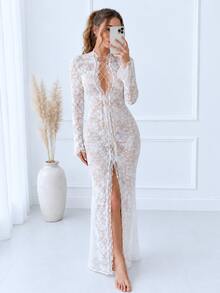 Kliou Shirring Ruffles Long Dress Women Sexy Deep V-Neck Split Jacquard Solid Tassel Petal Cuffs Street Elegance Thin Birthday Party Club - White - View 10