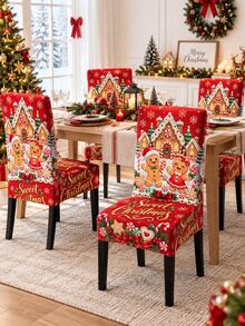 1pc Red Sweet Christmas Chair Slipcover, Cute Gingerbread Boy Girl Candy Cane Lollipop Snowflake Pattern, Stretch Spandex Parsons High Back Chair Cover, Washable Removable Protector For Dining Room Kitchen Xmas Decor - Multicolor - View 6