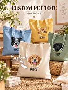 Personalized Pet Photo And Name Tote Bag, Large Capacity Shoulder Bag, Customizable Foldable Personalized Tote Bag Featured With Name Logo Text, Available In Various Colors, Solid Color Large Capacity Shoulder Bag, Suitable For Work, Travel And School, Suitable For Holidays. Ideal Gift For Birthday, Anniversary And Valentine's Day. - Multicolor - View 1