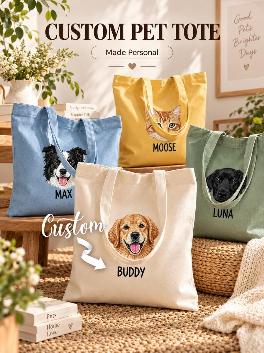 Personalized Pet Photo And Name Tote Bag, Large Capacity Shoulder Bag, Customizable Foldable Personalized Tote Bag Featured With Name Logo Text, Available In Various Colors, Solid Color Large Capacity Shoulder Bag, Suitable For Work, Travel And School, Suitable For Holidays. Ideal Gift For Birthday, Anniversary And Valentine's Day. - Multicolor - View 1