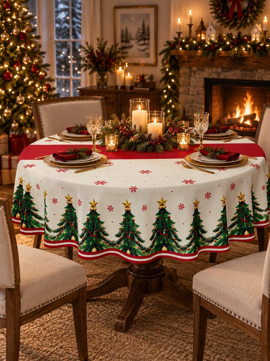 1pc Ivory Christmas Tree Tablecloth, Festive Polyester Round Or Square Table Cover With Red Center Band, Gold Star, Snowflake & Evergreen Border, Soft Washable Holiday Dining Decor For Christmas Dinner, Winter Party, Kitchen & Home - Multicolor - View 1