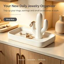 1pc Black & White Cactus Jewelry Storage Rack, Multi-Functional Ring Necklace Earring Display Tray, Minimalist Wabi-Sabi Style Decorative Accessory, Gift For Boys & Girls - Multicolor - View 11