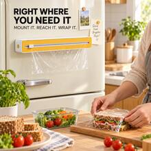 Plastic Wrap Cutter With Sliding Blade, 3-Way Mounting With Strong Suction Cup, Magnetic Back And Hook-And-Loop Fastener, Kitchen Foil And Cling Film Dispenser, Clean Cut, Space-Saving Organizer For Fridge, Countertop And Wall, Easy To Use Daily - View 2