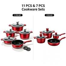 11PCS & 7PCS Red Non-Stick Cookware Set,  Kitchen Cooking Pots And Pans Set With Glass Lids,Durable Non-Stick Pan, Durable And Easy To Clean,Kitchen Cookware, Diamond Texture, Induction Compatible For Home Cooking - View 5