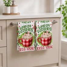 Christmas Hot Cocoa Plaid Kitchen Towel, Cocoa Kisses Warm Wishes Text Red Plaid Mug Cream Berry Snowflake Print Tea Towel, Winter Christmas Dessert & Beverage Theme Decorative Hand Towel, Rustic Farmhouse Style Kitchen Dining Home Holiday Decor Towel, Housewarming Birthday Christmas New Year Winter Holiday Gift - Multicolor - View 4